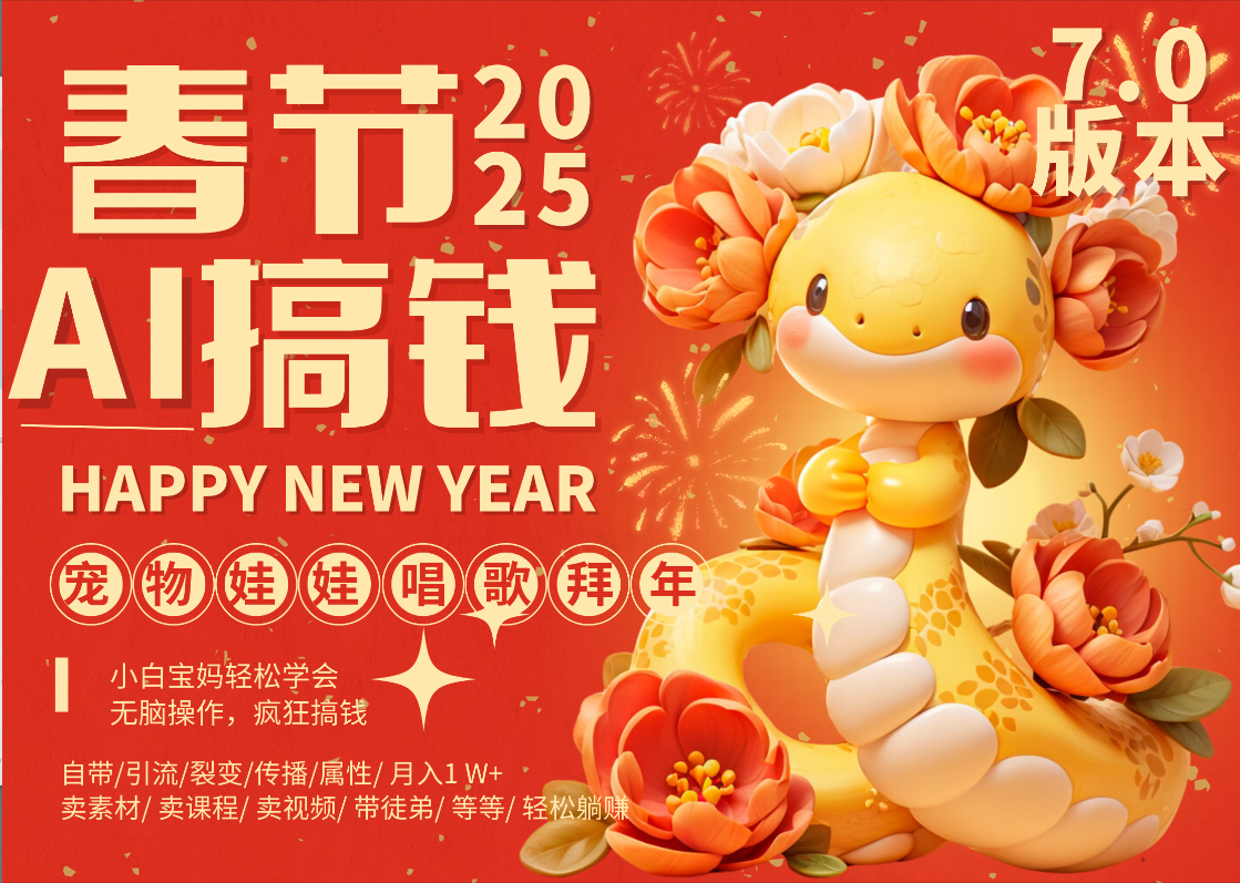 AI春节搞钱7.0升级版 蝴蝶号超火爆萌宠唱歌拜年  AI一键制作 批量出内容   春节做轻松躺赚 每日轻松十分钟  月赚米1W+  抓紧冲！可做视频 可卖素材只带小白和宝妈！-zsff