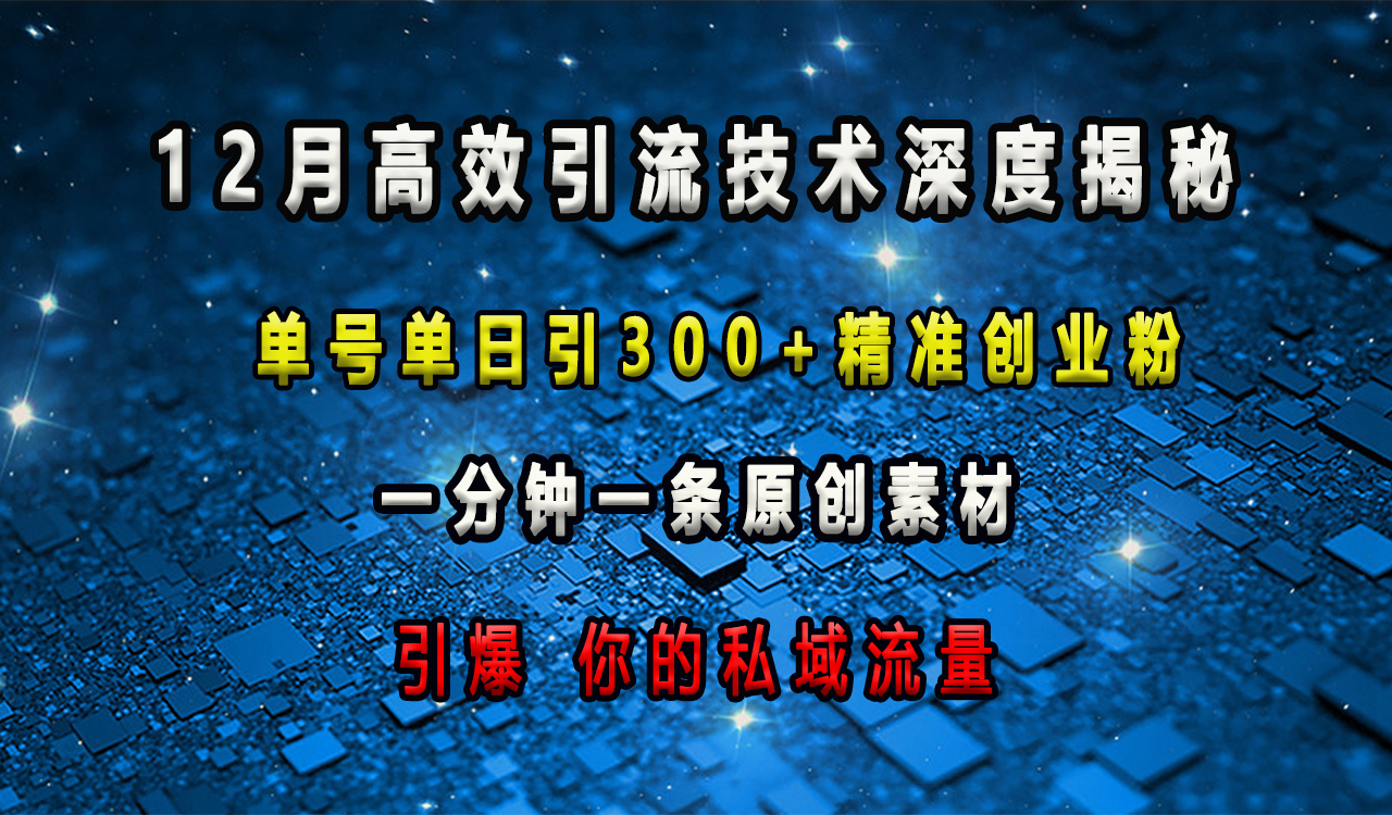 12月高效引流技术深度揭秘 ，单号单日引300+精准创业粉，一分钟一条原创素材，引爆你的私域流量-zsff
