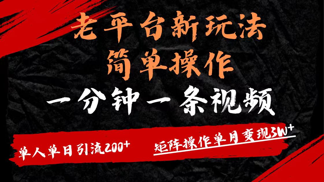老平台，新玩法，简单操作，一分钟一条视频，单人单人引流200+矩阵操作，单月变现3W-zsff