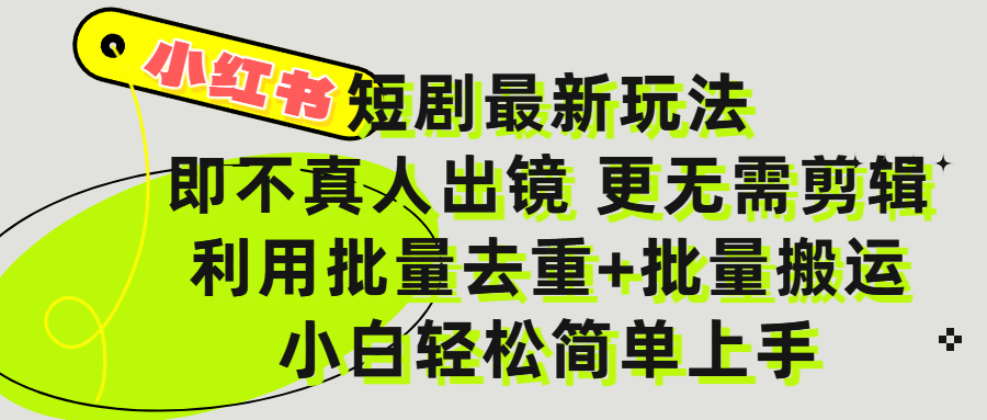 小红书短剧最新玩法，轻松日入3000+，既不真人出镜，更不用剪辑，全程搬运，傻瓜式操作，私域零成本批量操作-zsff