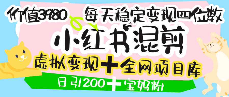 价值3980的小红书混剪， 虚拟变现 ＋全网项目库 ， 日引200+宝妈创业粉，每天稳定四位数变现-zsff