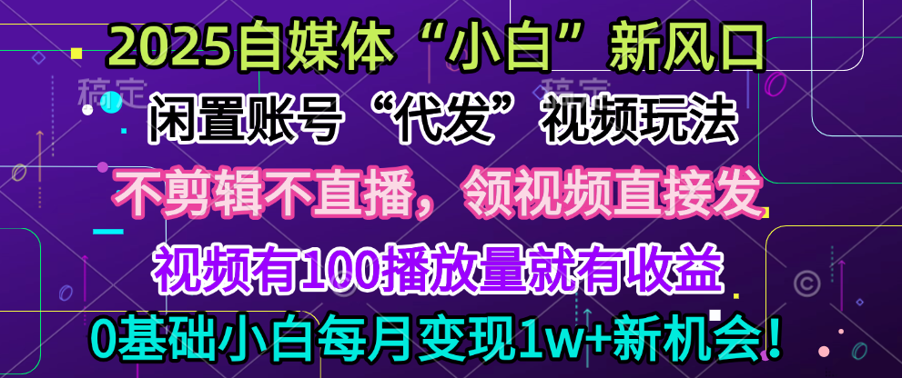 2025每月躺赚5w+新机会，闲置视频账号一键代发玩法，0粉不实名不剪辑，领了视频直接发，0基础小白也能日入300+-zsff