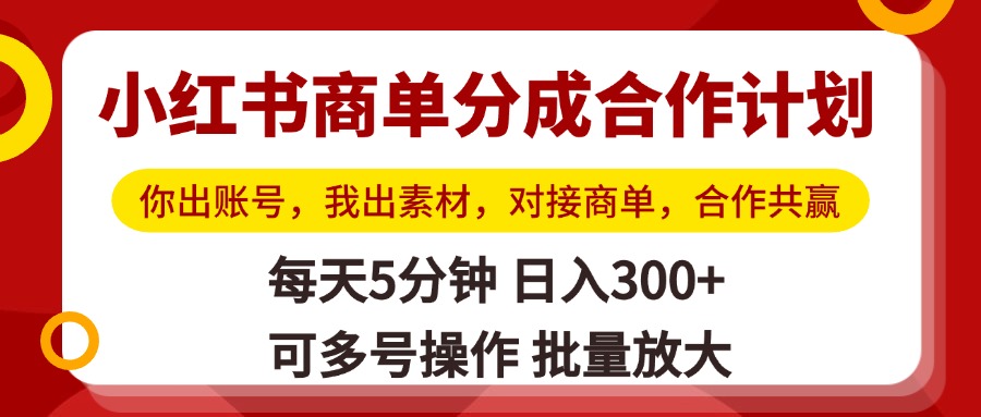 小红书商单分成合作计划，你出账号，我出素材，对接商单，合作共赢，单号日入300+，可批量放大-zsff