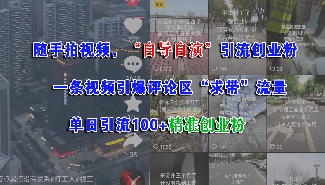 随手拍视频，“自导自演”引流创业粉，一条视频引爆评论区“求带”流量，单日引流100+精准创业粉-zsff