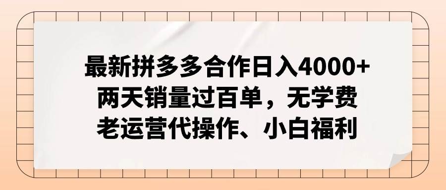 最新拼多多合作日入4000+两天销量过百单，无学费、老运营代操作、小白福利-zsff